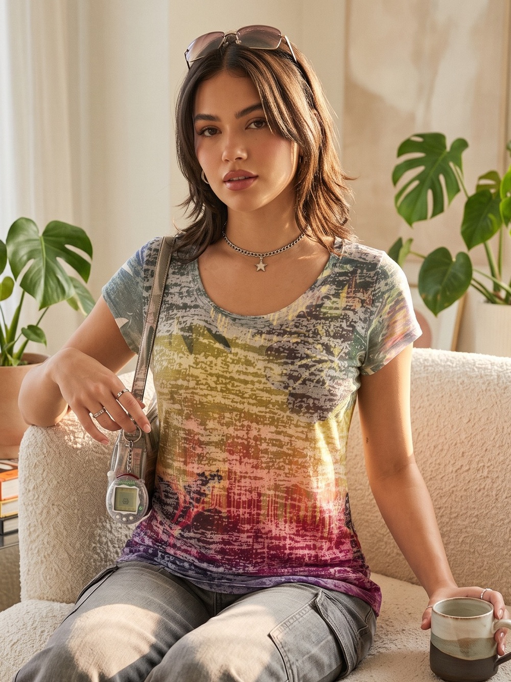 Y2K Maurices Burnout Rainbow Ombre Scoop Neck T-Shirt Top Vintage Extra Large XL